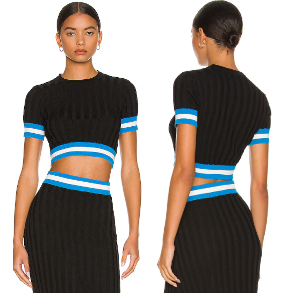 Solid and Striped Cara Short Sleeve Ribbed Knit Cropped Sweater Black Blue Large